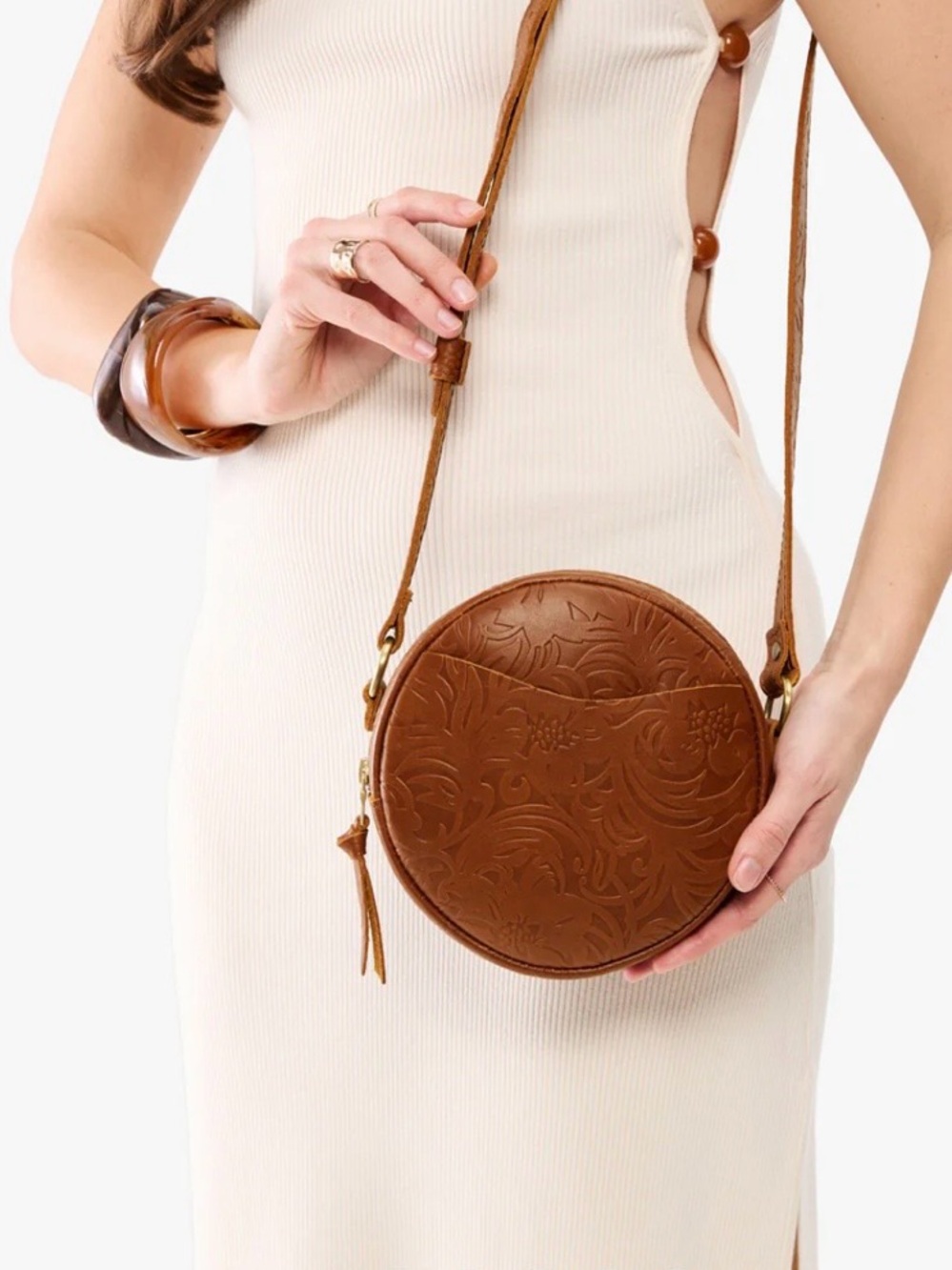 Portland Leather Embossed Round Crossbody Bag in Cognac Brown - Picture 2 of 4